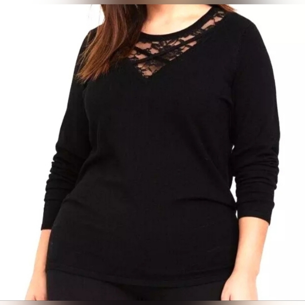Torrid Black Cross Front Lace Yoke Sweater Size 2X NWT